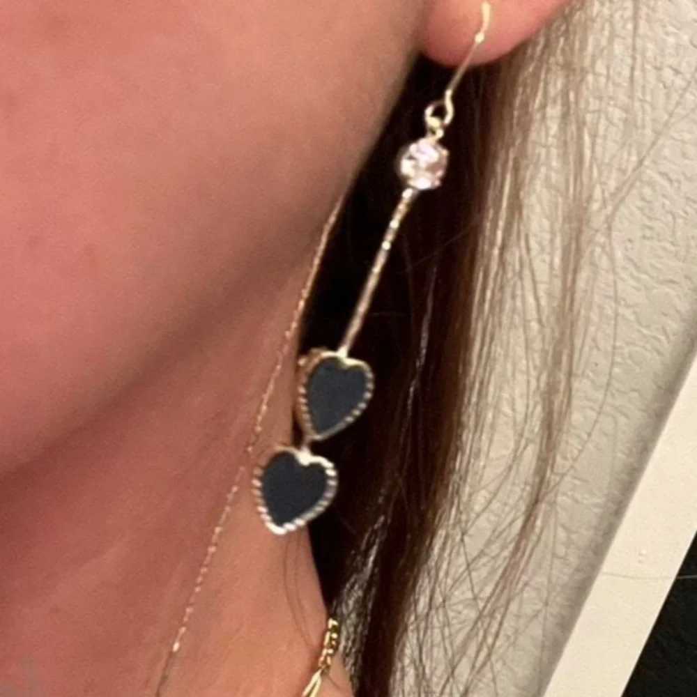 Gold Tone Rhinestone Heart Vday Valentine's Threader Earrings - Picture 6 of 6